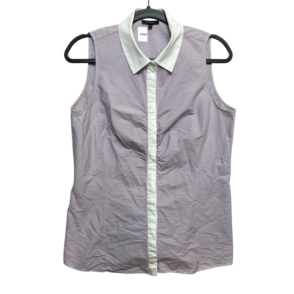 Lafayette 148 Top Womens 10 Red White Blue Stripe Sleeveless Button Down Ruched